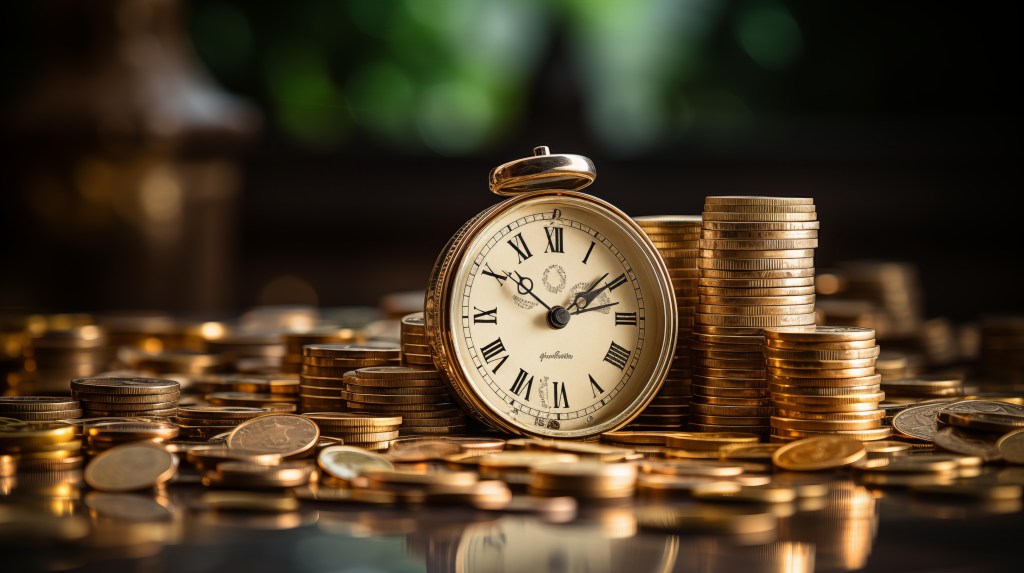 Clock and coins symbolizing growth in life insurance for kids.
